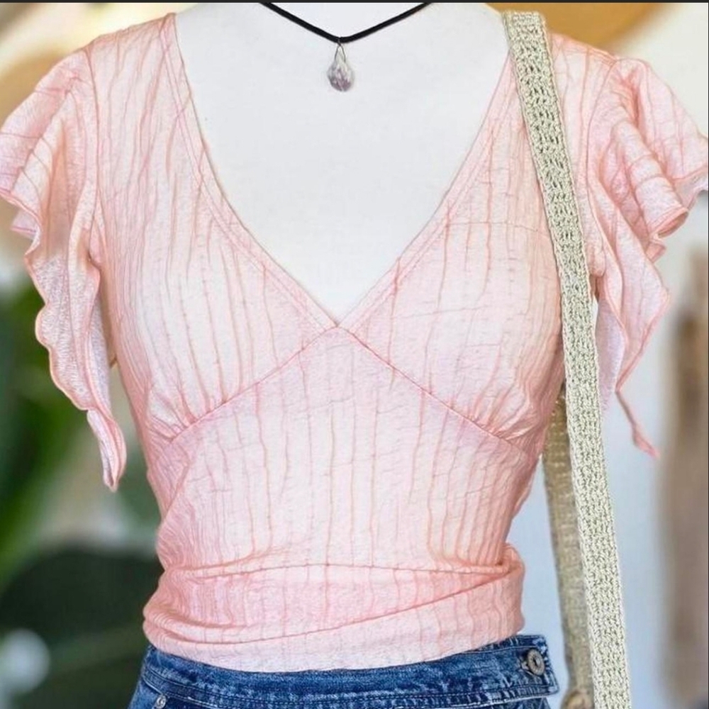 Michele Light Pink V-Neck Ruffle Sleeve Wrap Top